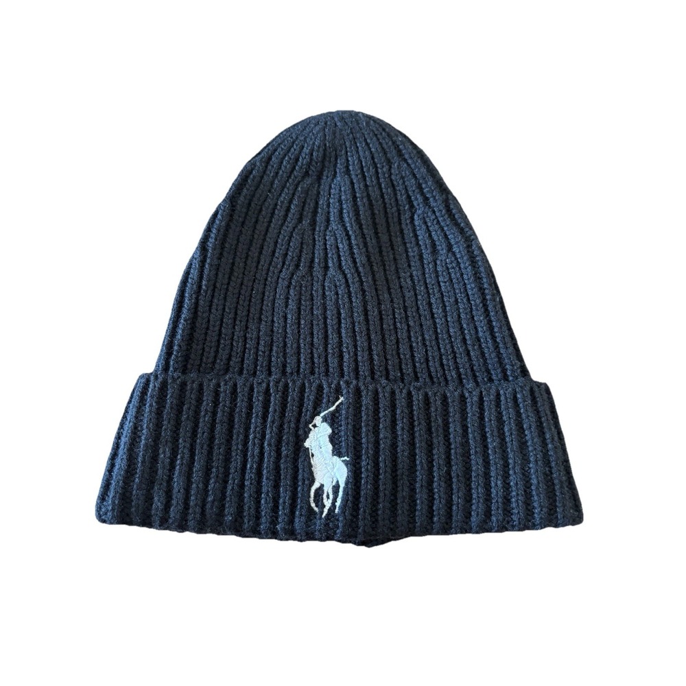 Polo Ralph Lauren Kids Wool Blend Beanie Hat Black With White Pony Logo One Size